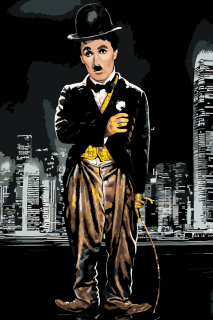 Maľovanie podľa čísiel - Charlie Chaplin v meste Veľkosť: 40x60cm, Rám: Bez rámu, iba plátno