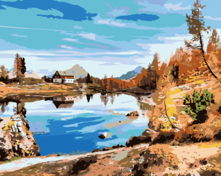 Maľovanie podľa čísiel - Chata u jazera Veľkosť: 40x50cm, Rám: Bez rámu, iba plátno