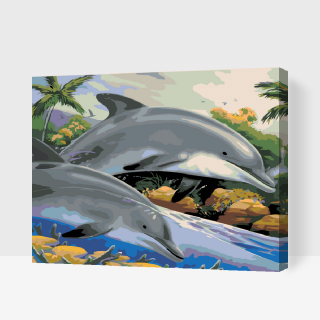 Maľovanie podľa čísiel - Delfíny v mori Veľkosť: 40x50cm, Rám: S vnútorným rámom