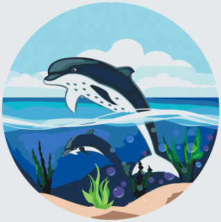 Maľovanie podľa čísiel - Delfíny v oceáne Veľkosť: 50x50cm, Rám: Bez rámu, iba plátno