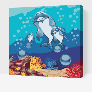 Maľovanie podľa čísiel - Delfíny Veľkosť: 80x80cm, Rám: S vnútorným rámom
