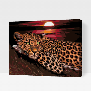 Maľovanie podľa čísiel - Leopard pri západe slnka Veľkosť: 80x100cm, Rám: Bez rámu, iba plátno
