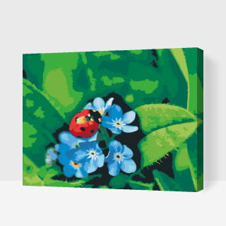 Maľovanie podľa čísiel - Lienka na modrých kvetinách Veľkosť: 40x50cm, Rám: S vnútorným rámom