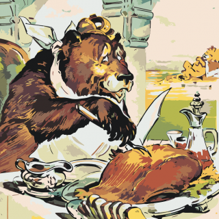 Maľovanie podľa čísiel - Medveď v reštaurácií Veľkosť: 80x80cm, Rám: Bez rámu, iba plátno