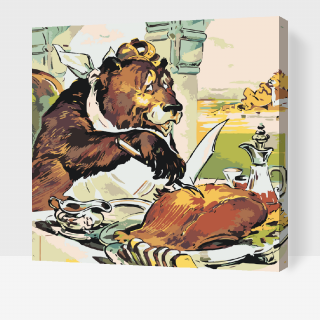 Maľovanie podľa čísiel - Medveď v reštaurácií Veľkosť: 80x80cm, Rám: S vnútorným rámom