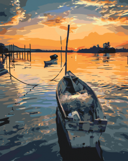 Maľovanie podľa čísiel - Rybárska loďka pri západe slnka Veľkosť: 40x50cm, Rám: Bez rámu, iba plátno