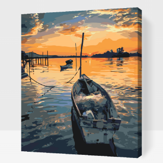 Maľovanie podľa čísiel - Rybárska loďka pri západe slnka Veľkosť: 40x50cm, Rám: S vnútorným rámom