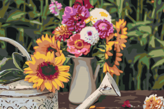 Maľovanie podľa čísiel - Slnečnica v krhle, v pozadí kvetiny Veľkosť: 40x60cm, Rám: Bez rámu, iba plátno