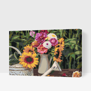 Maľovanie podľa čísiel - Slnečnica v krhle, v pozadí kvetiny Veľkosť: 40x60cm, Rám: S vnútorným rámom