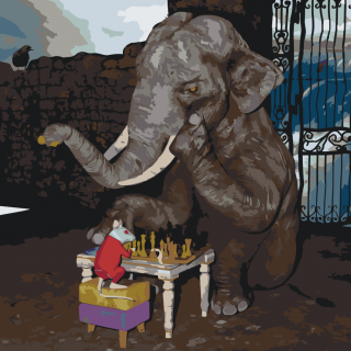 Maľovanie podľa čísiel - Slon a myš hrajú šach Veľkosť: 50x50cm, Rám: Bez rámu, iba plátno