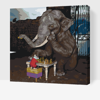 Maľovanie podľa čísiel - Slon a myš hrajú šach Veľkosť: 50x50cm, Rám: S vnútorným rámom