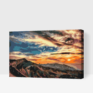 Maľovanie podľa čísiel - Západ slnka nad horami Veľkosť: 60x80cm, Rám: S vnútorným rámom