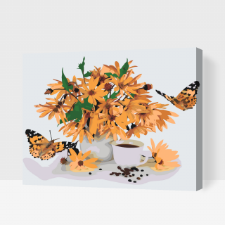 Maľovanie podľa čísiel - Žltá kytica a motýle Veľkosť: 40x50cm, Rám: S vnútorným rámom
