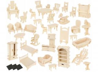 3D drevené puzzle nábytok pre bábiky 34ks, 9423