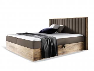 Čalúnená boxspring manželská posteľ WOOD 4 s úložným priestorom - hnedá Paros Rozmer: 140x200