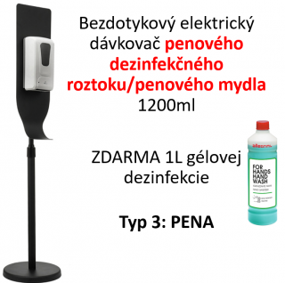 Bezdotykový dávkovač 1200ml na penovú dezinfekciu/mydlo + kovový stojan (TYP 3: PENA)  + 1L gélovej dezinfekcie FOR HANDS HAND WASH