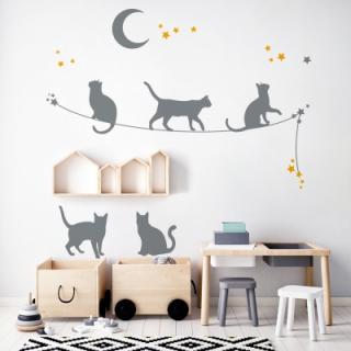 Nástenná samolepka - tieňové obrázky - mačky na lane barva doplňky: lila, barva kočky: sivá