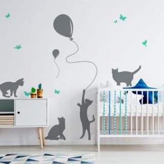 Nástenná samolepka - tieňové obrázky - mačky s balónmi barva doplňky: ružová, barva kočky: sv. modrá