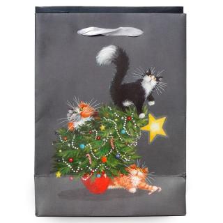 Darčeková taška mačky a stromček - vianočné, veľkosť M