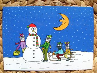 Pohľadnica kreslená mačka kočičí sněhuláci