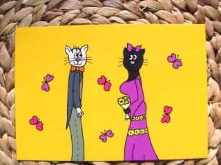 Pohľadnica kreslená mačka kočičí svatba