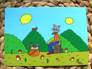 Pohľadnica kreslená mačka kočka houbař