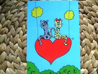 Pohľadnica kreslená mačka kočka, kocour a srdce