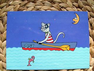 Pohľadnica kreslená mačka kočka rybář