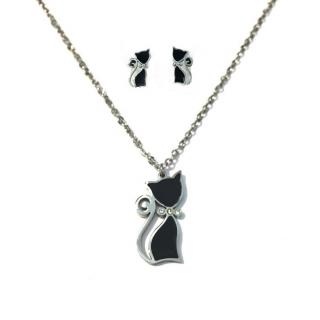 Set náušnice a náhrdelník čierna mačka - chirurgická oceľ