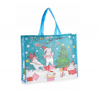 Vianočná nákupná / darčeková taška s mačkami - ružová, modrá Modrá