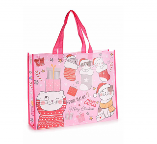 Vianočná nákupná / darčeková taška s mačkami - ružová, modrá ružová