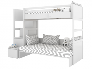Biela poschodová posteľ s dvoma lôžkami SIMONE s úložnými schodmi a policou 90x200 cm, 120x200 cm Zvoľte stranu: Vľavo