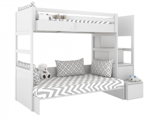 Biela poschodová posteľ s dvoma lôžkami SIMONE s úložnými schodmi a policou 90x200 cm, 120x200 cm Zvoľte stranu: Vpravo