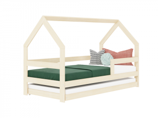 Detská drevená posteľ domček SAFE 3v1 so zábranou a prístelkou Zvoľte farbu: Béžová, Zvoľte rozmer: 90x160 cm, Zvoľte zábranu: S jednou zábranou