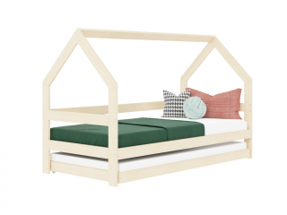 Detská drevená posteľ domček SAFE 3v1 so zábranou a prístelkou Zvoľte farbu: Béžová, Zvoľte rozmer: 90x160 cm, Zvoľte zábranu: S otvoreným vstupom