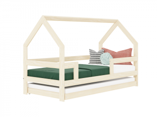 Detská drevená posteľ domček SAFE 3v1 so zábranou a prístelkou Zvoľte farbu: Béžová, Zvoľte rozmer: 90x180 cm, Zvoľte zábranu: S dvoma zábranami