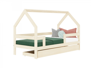 Detská drevená posteľ domček SAFE 3v1 so zábranou a úložným šuplíkom Zvoľte farbu: Béžová, Zvoľte rozmer: 90x200 cm, Zvoľte zábranu: S dvoma zábranami