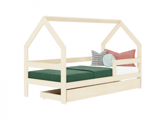 Detská drevená posteľ domček SAFE 3v1 so zábranou a úložným šuplíkom Zvoľte farbu: Béžová, Zvoľte rozmer: 90x200 cm, Zvoľte zábranu: S jednou zábranou