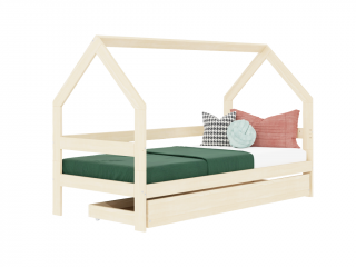 Detská drevená posteľ domček SAFE 3v1 so zábranou a úložným šuplíkom Zvoľte farbu: Béžová, Zvoľte rozmer: 90x200 cm, Zvoľte zábranu: S otvoreným…