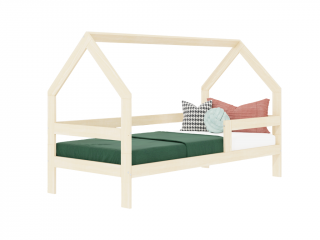 Detská drevená posteľ domček SAFE 3v1 so zábranou Zvoľte farbu: Béžová, Zvoľte rozmer: 90x200 cm, Zvoľte zábranu: S jednou zábranou