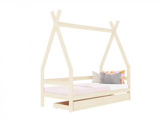 Detská drevená posteľ SAFE 5v1 v tvare teepee so zábranou a úložným šuplíkom Zvoľte farbu: Transparentná vosková lazura matná, Zvoľte rozmer: 90x180…