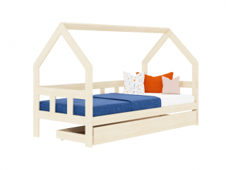 Detská posteľ domček FENCE 2v1 z dreva so zábranou a úložným šuplíkom Zvoľte farbu: Transparentná vosková lazura matná, Zvoľte rozmer: 90x190 cm,…