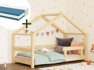 Domčeková posteľ LUCKY 90x200 cm + matrac METROPOLIS Zvoľte farbu: Nelakovaná, Zvoľte zábranu: S jednou zábranou