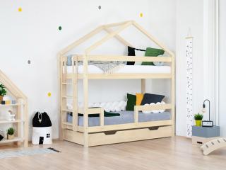 Drevená poschodová posteľ KILI v tvare domčeka Zvoľte farbu: Biela, Zvoľte výšku: 227 cm, Zvoľte šuplík: Prístelka 90x180 cm (s roštom)