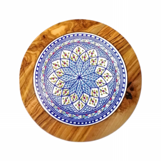 Okrúhla podložka s keramikou a olivovým drevom Farba: modrá