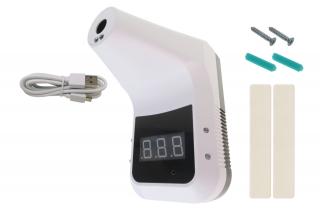 Teplomer bezkontaktný digitálny; alarm zvýšenej telesnej teploty; montáž na stenu alebo statív; napájanie micro USB / 3,7V; Li-ion dobíjateľná batéria