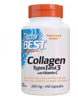 Doctor’s Best Kolagen prášek, Typ I & III s vitamínem C 500 mg, 240 kapslí