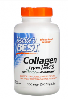 Doctor’s Best Kolagen, Typ I & III + vitamín C, 500 mg, 240 kapslí