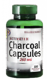 Holland & Barrett Activated Charcoal (aktívne uhlie), 260 mg, 100 kapsúl
