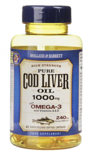Holland & Barrett Cod liver oil (olej z tresčej pečene), 1000 mg, 60 kapsúl